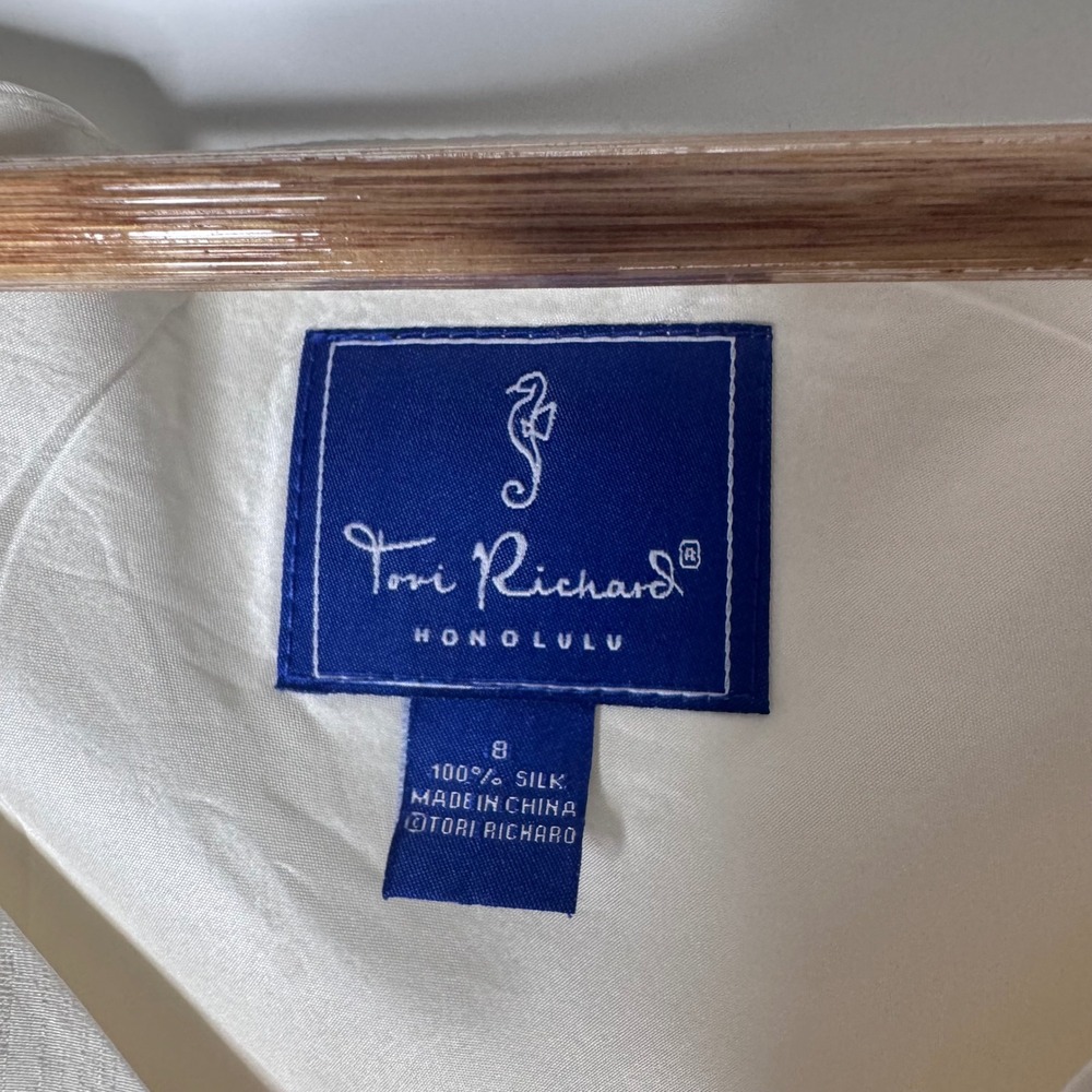Tori Richard Hawaiian 100% Silk Midi Dress Sz 8 Cream Seahorse Palm Vacation Y2K - Picture 3 of 12